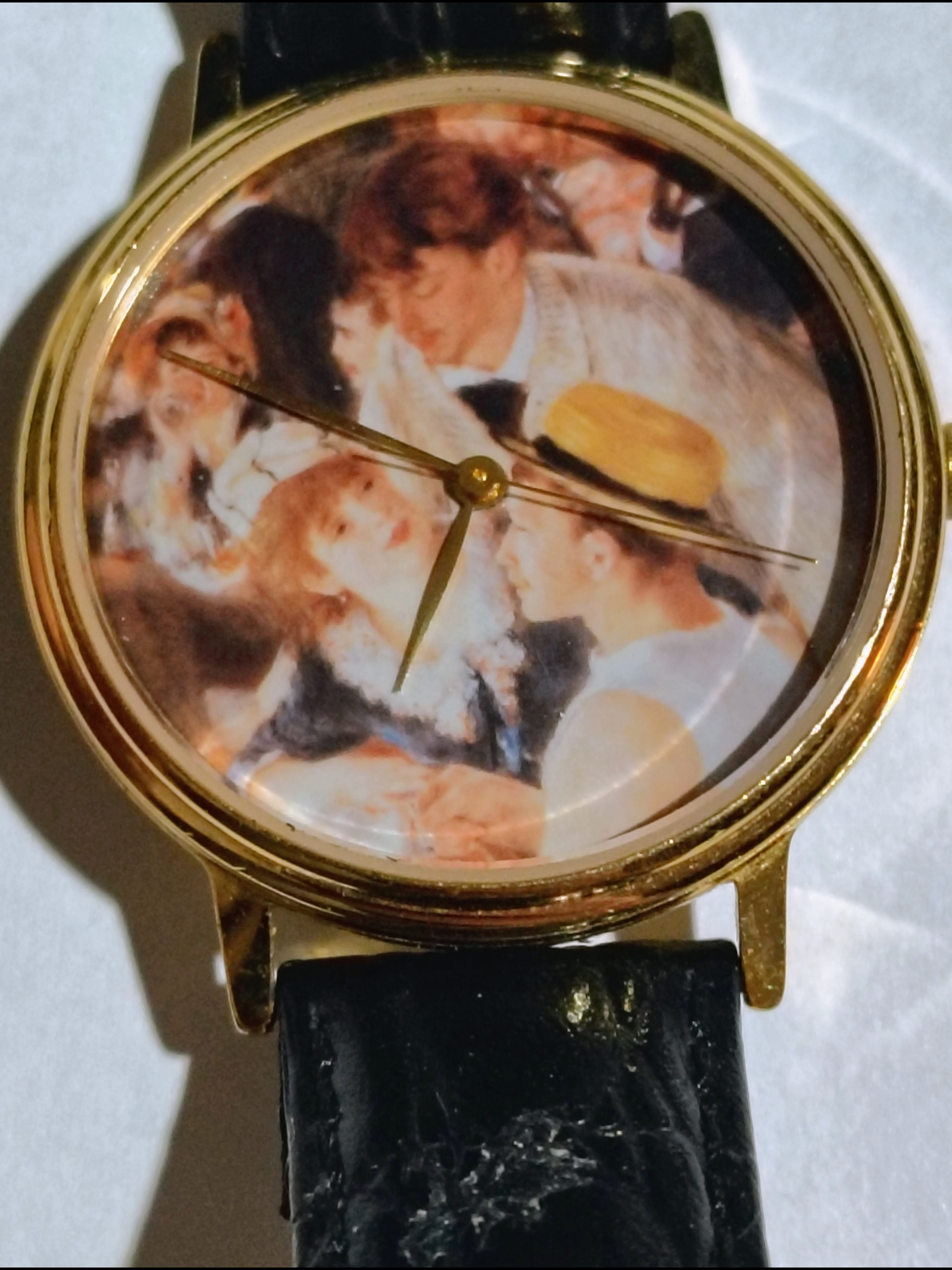 Art Print GoldTone Watch With Black Leather Strap